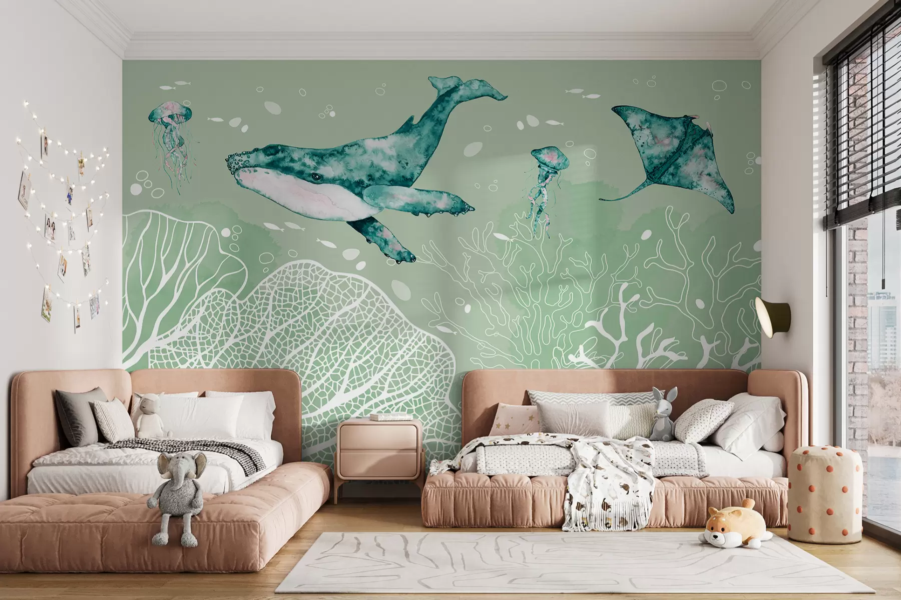 murales de pared Ballena en el mar, acuarela, corales, medusas, vida marina, colores verdes w00848v3