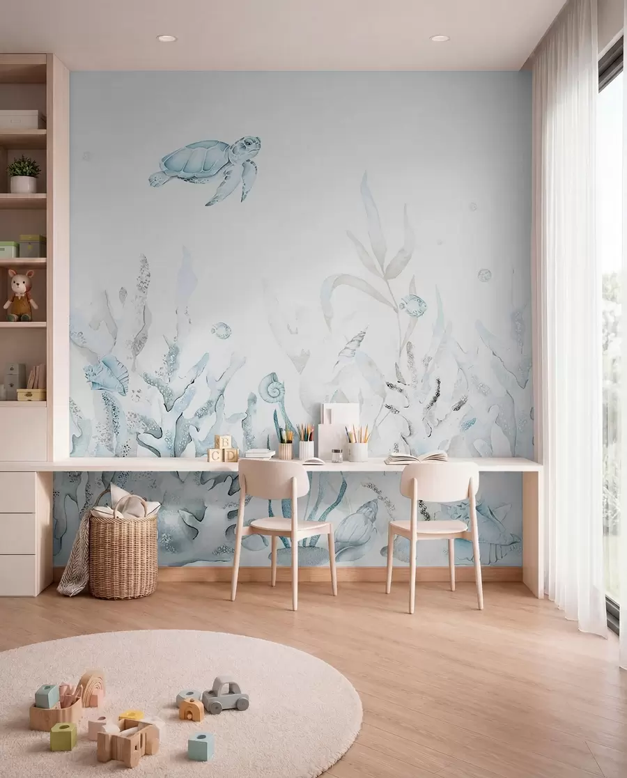 murales de pared Corales marinos acuarela, conchas marinas, tortugas, vida marina, colores azules suaves w00849