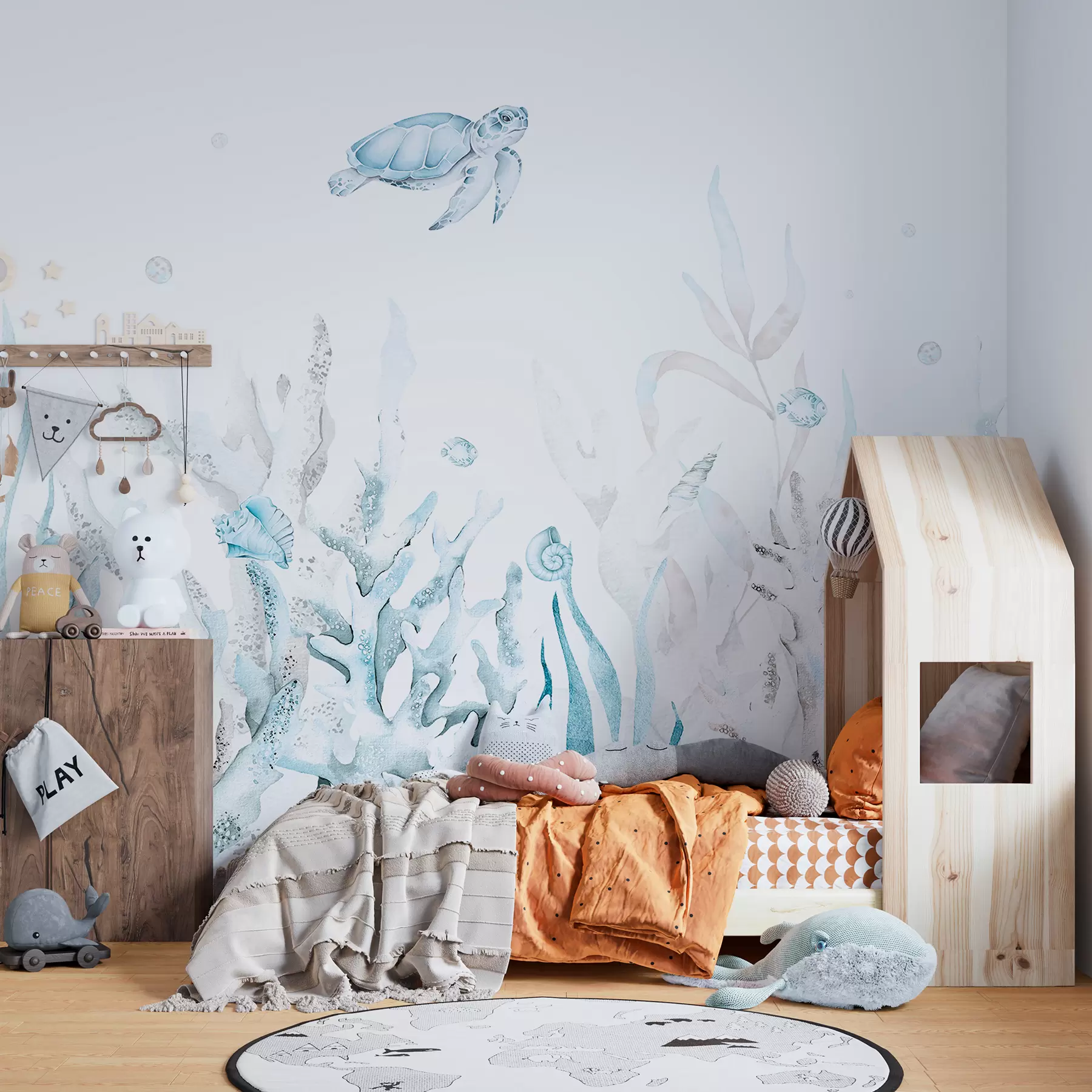 murales de pared Corales marinos acuarela, conchas marinas, tortugas, vida marina, colores azules suaves w00849