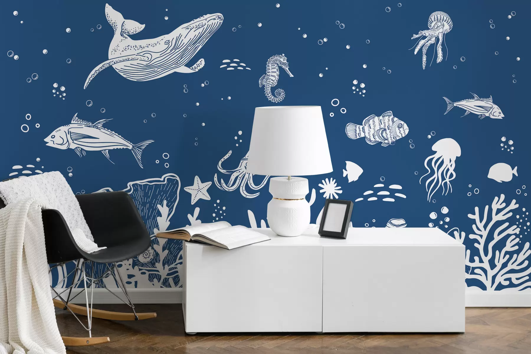 murales de pared Vida marina, peces, ballenas, pulpos, medusas, corales, vida marina, color azul oscuro w00850v4