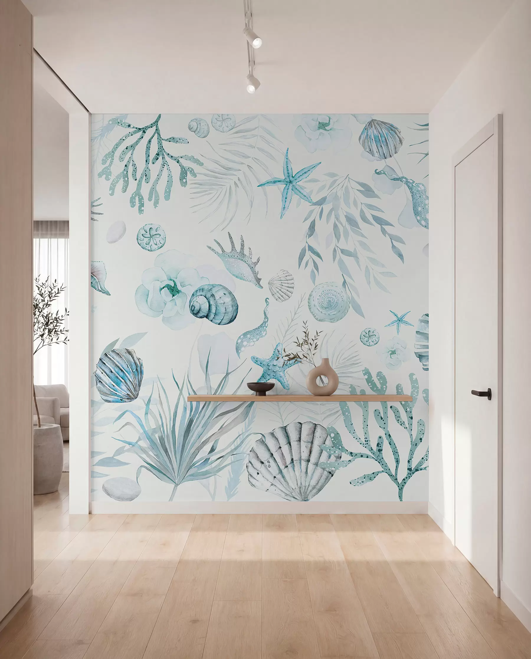 murales de pared Patrón marino acuarela, estilo boho, conchas marinas, corales, algodón, colores azules w00851v1