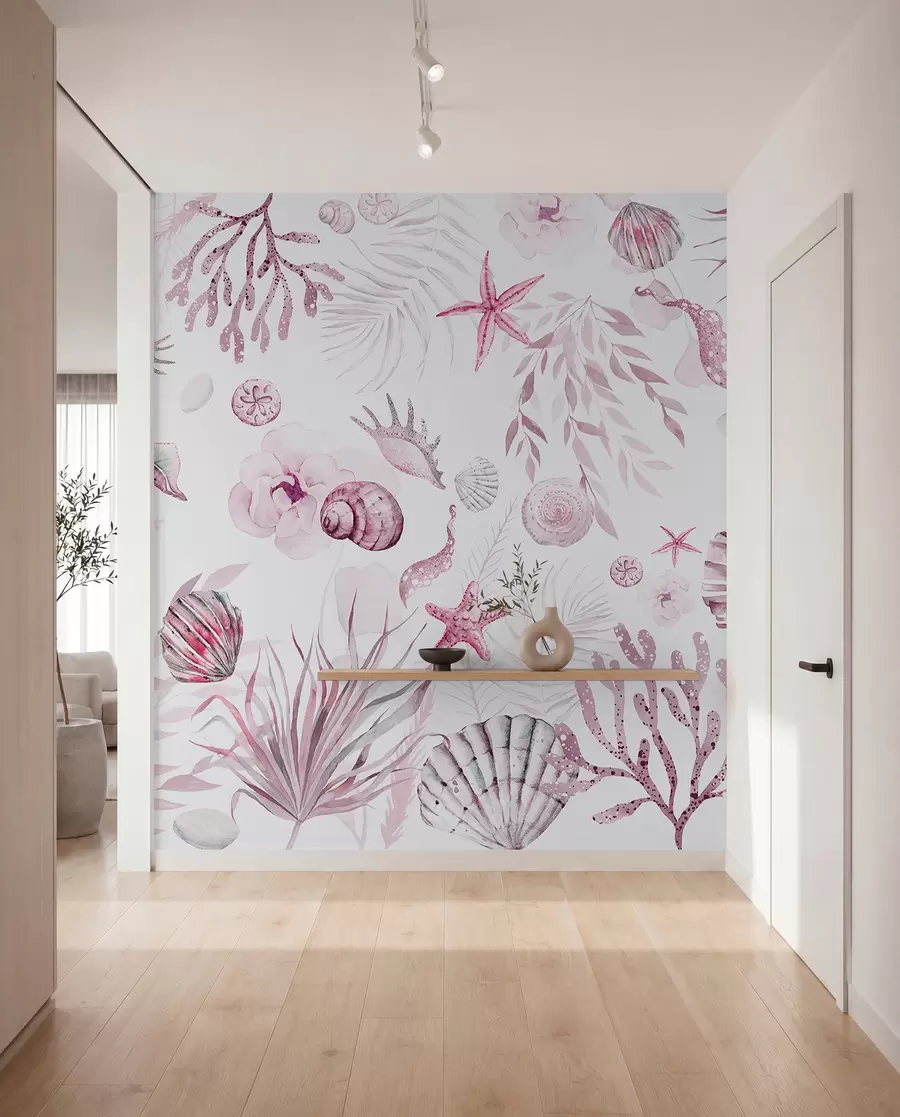 murales de pared Patrón marino acuarela, estilo boho, conchas marinas, corales, algodón, colores rosados w00851v3
