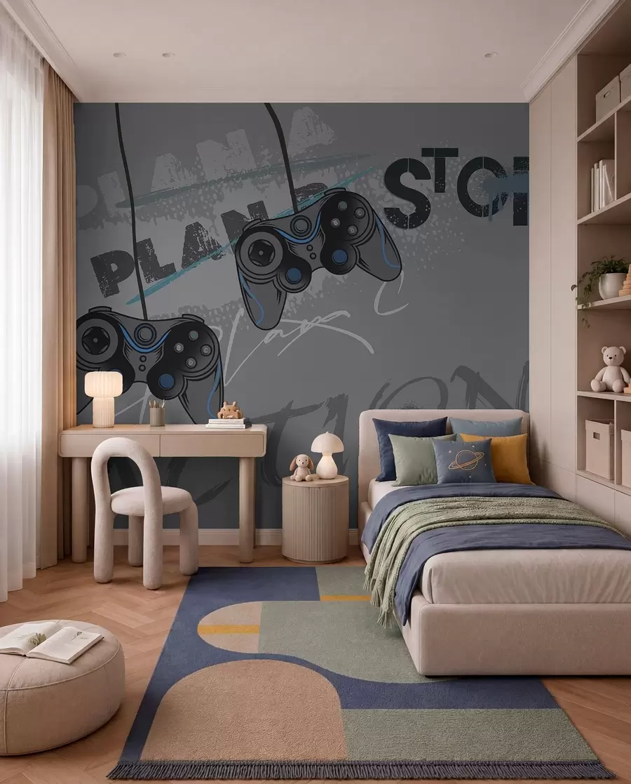 murales de pared Papel pintado infantil para adolescentes con joysticks y letras gráficas en gris w00829v1