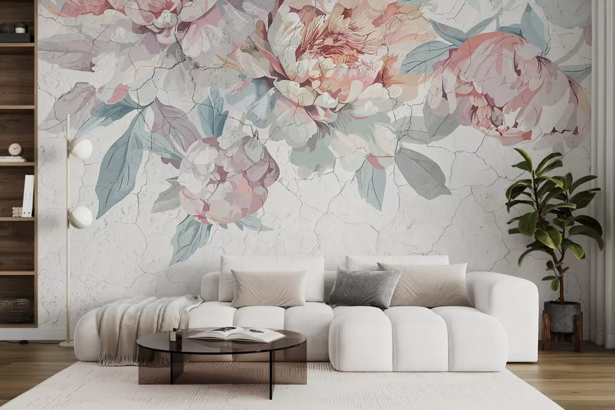 murales de pared Un ramo de flores de peonía grandes, suaves, de color rosa pastel y blanco, con hojas verdes sobre un fondo claro w00896