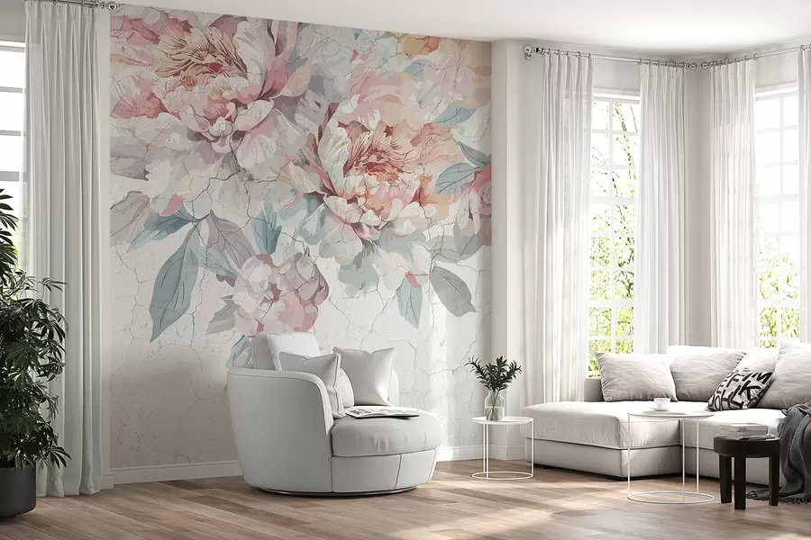 murales de pared Un ramo de flores de peonía grandes, suaves, de color rosa pastel y blanco, con hojas verdes sobre un fondo claro w00896