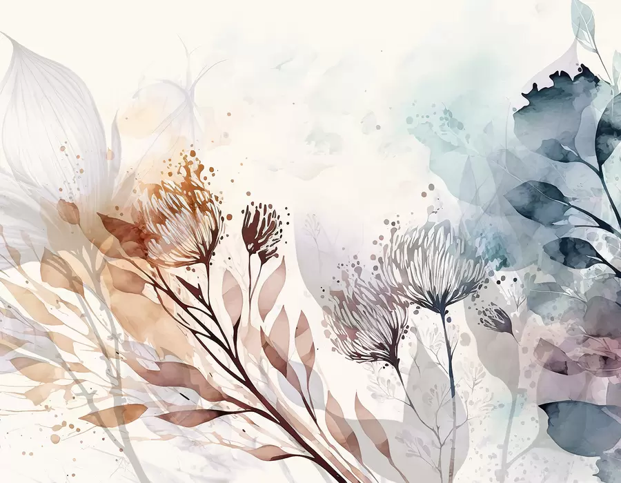 murales de pared Delicados elementos florales abstractos, flores estilizadas y formas vegetales en tonos apagados y terrosos, arte acuarela w00898