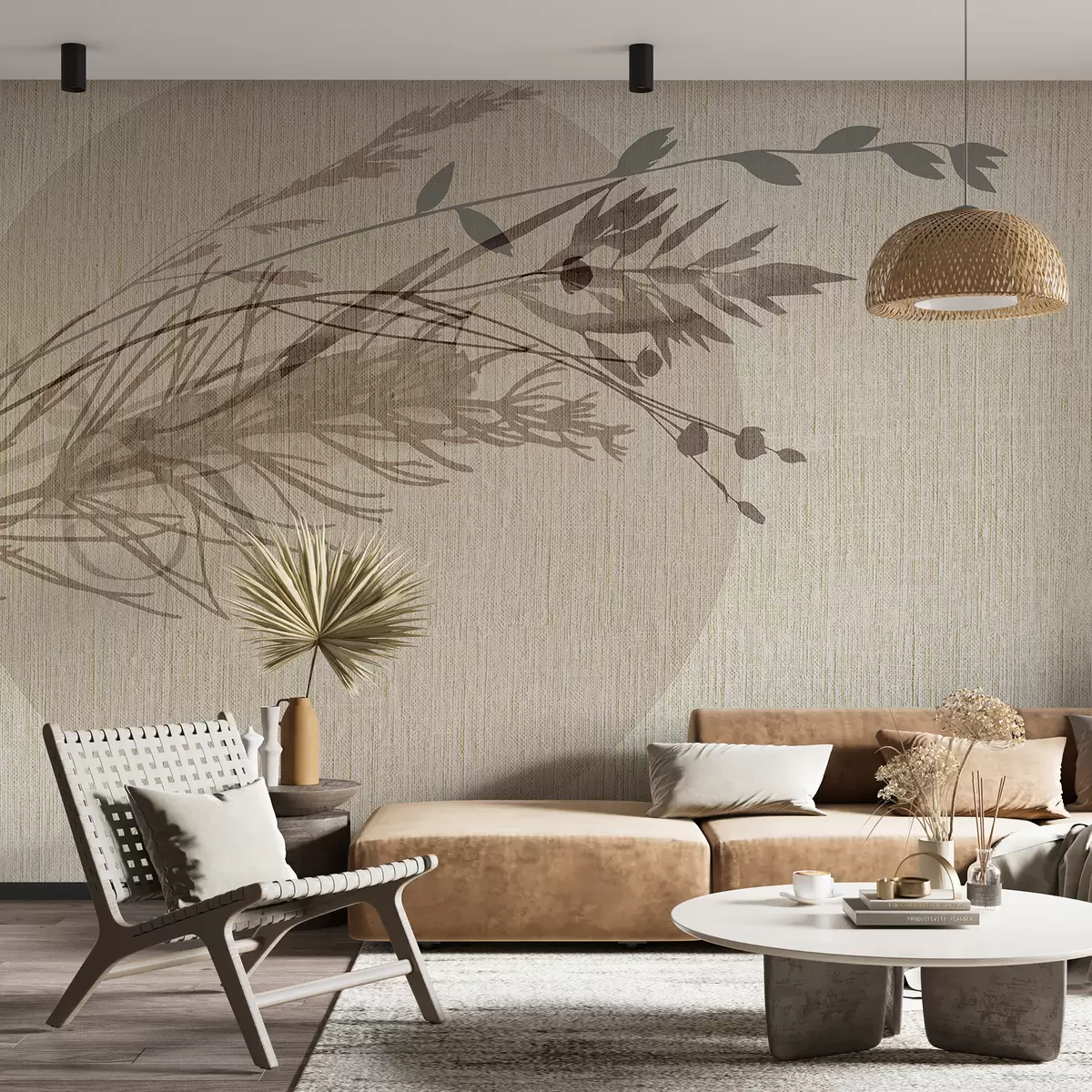 murales de pared Una ilustración minimalista de una forma circular con elementos abstractos parecidos a plantas en tonos tierra apagados. w00902