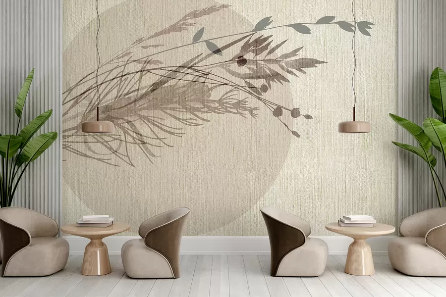 murales de pared Una ilustración minimalista de una forma circular con elementos abstractos parecidos a plantas en tonos tierra apagados. w00902