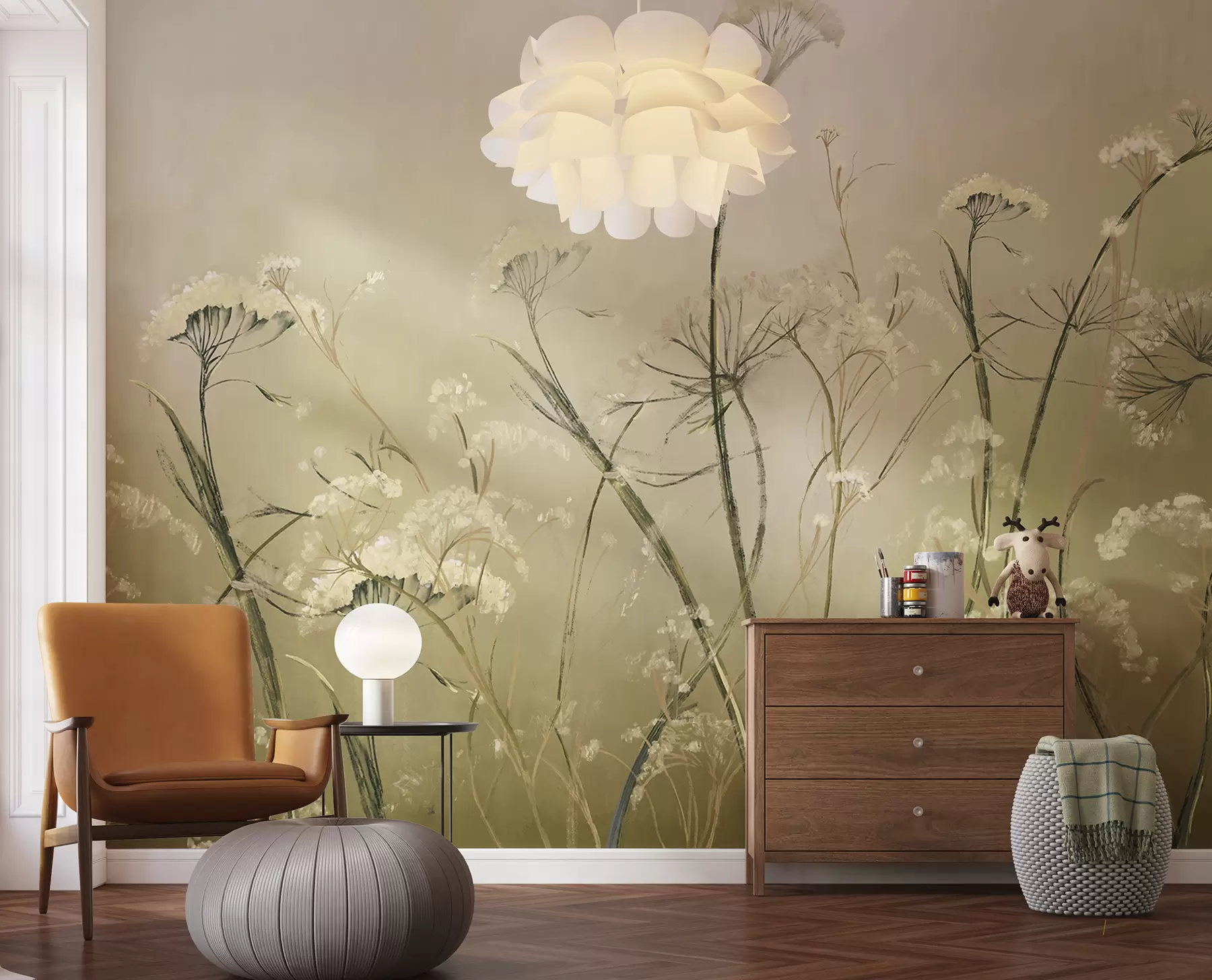 murales de pared Flores silvestres blancas en un campo brumoso con un fondo sepia suave y borroso w00903v1