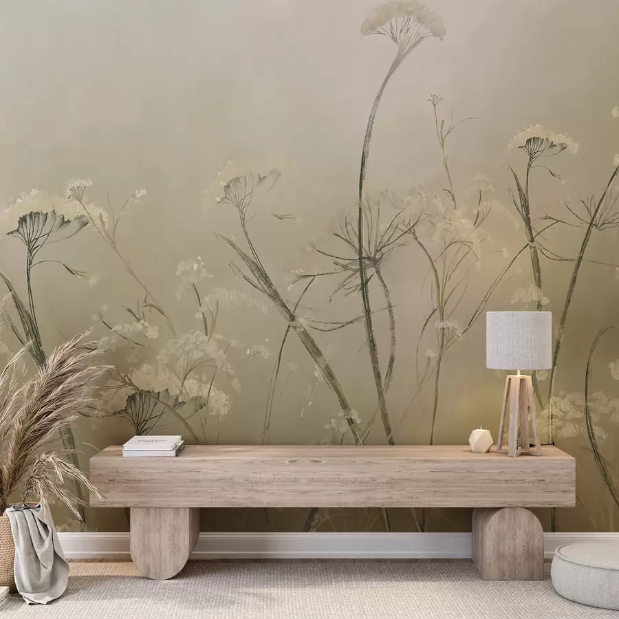 murales de pared Flores silvestres blancas en un campo brumoso con un fondo sepia suave y borroso w00903v1