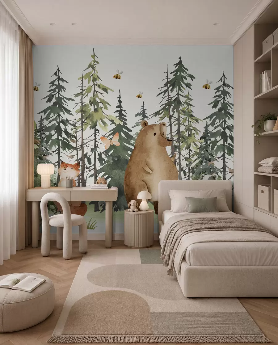murales de pared Una escena de bosque con animales y varios pinos al fondo w00905