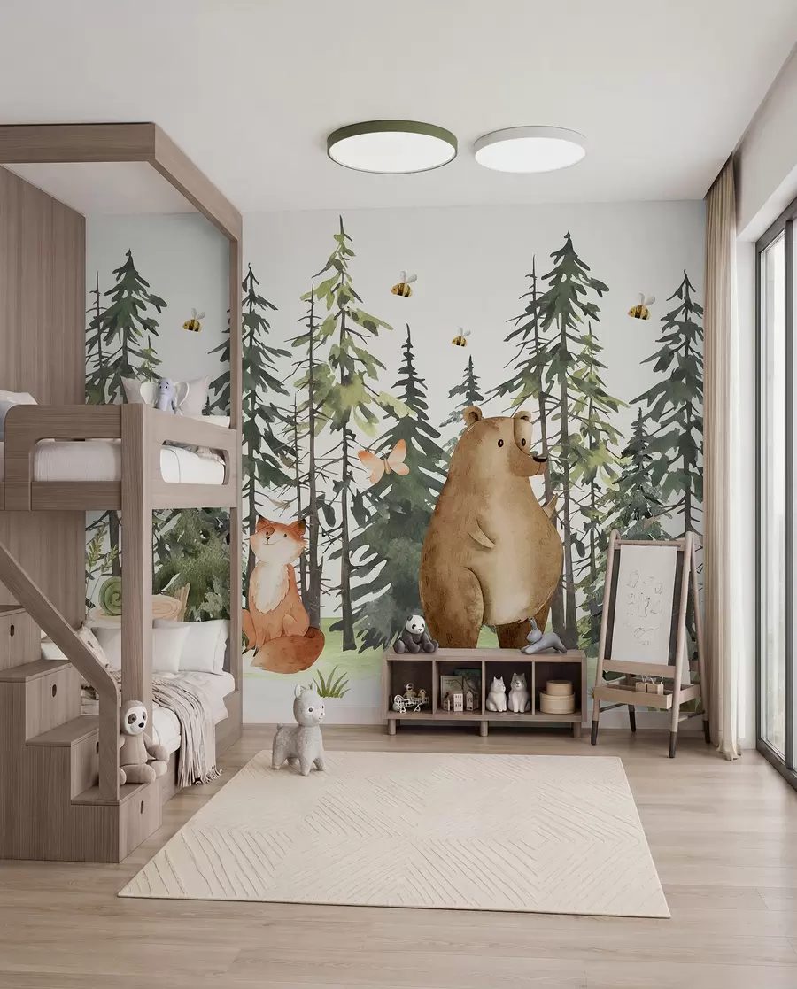 murales de pared Una escena de bosque con animales y varios pinos al fondo w00905