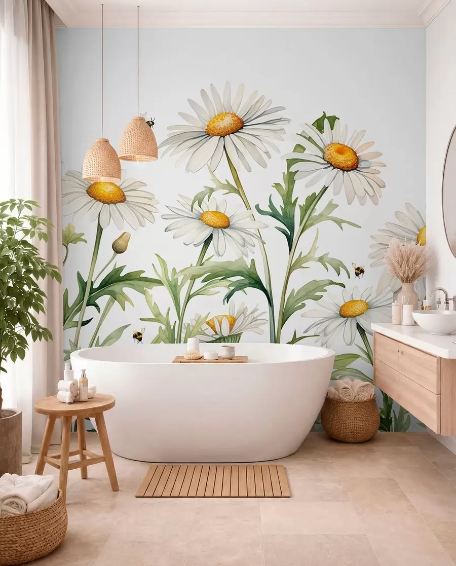 murales de pared Margaritas blancas floreciendo, abejas volando ilustración de plantas acuáticas, color verde, blanco y amarillo w01176