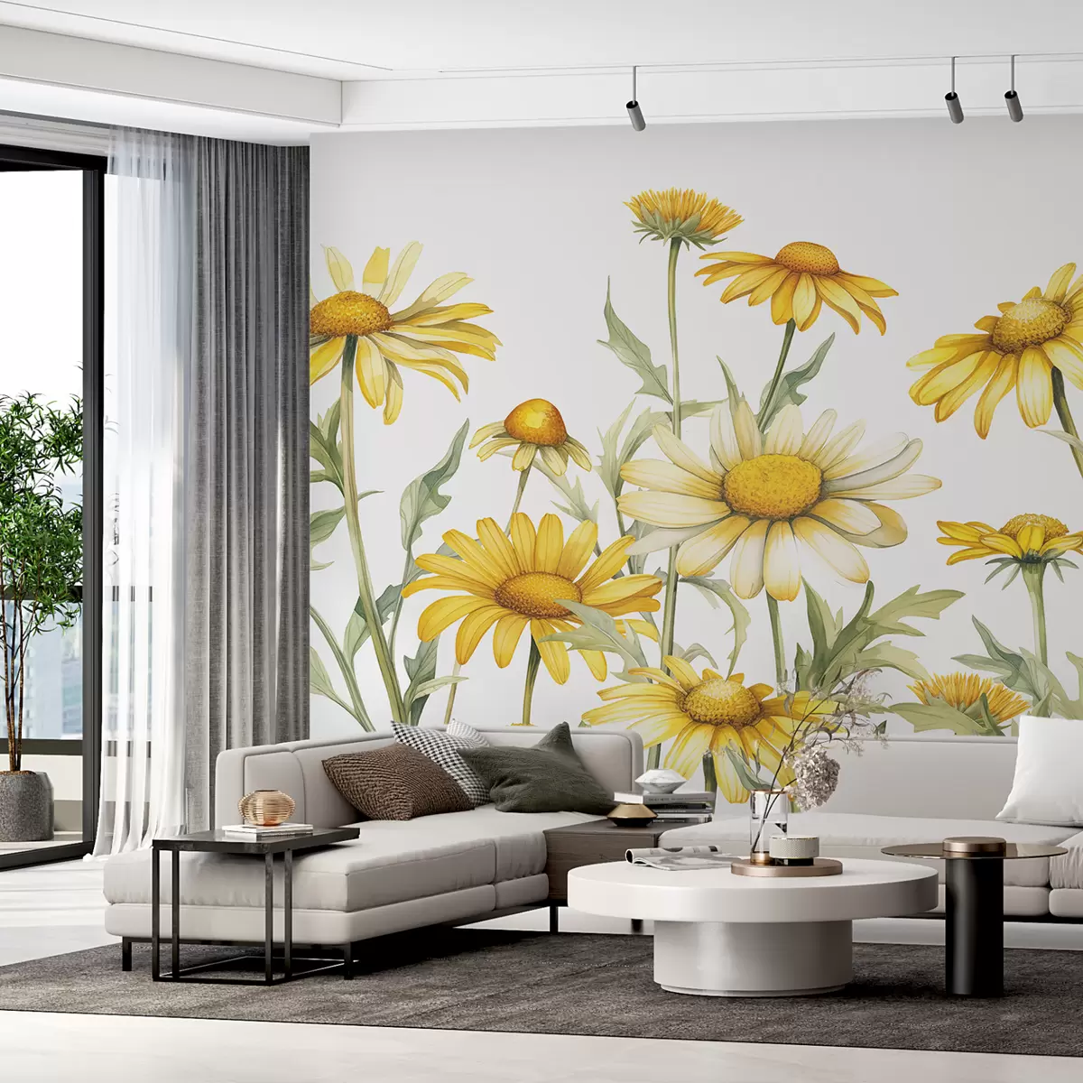 murales de pared Grandes margaritas amarillas florecen color acuarela, amarillo y verde w01177