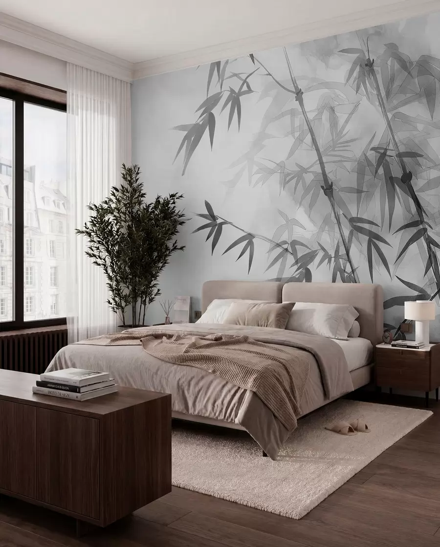 murales de pared Bambú en acuarela gris w00687v1