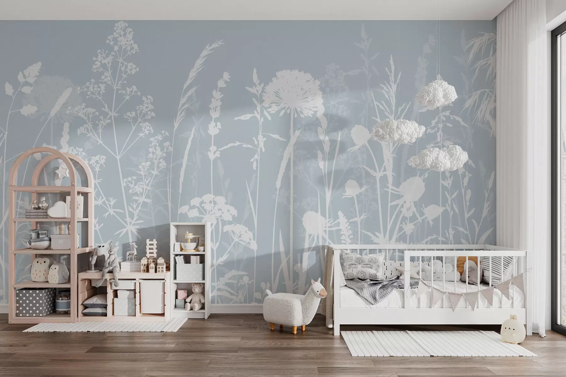 murales de pared Suaves plantas de campo y flores minimalistas de color gris w01270v4