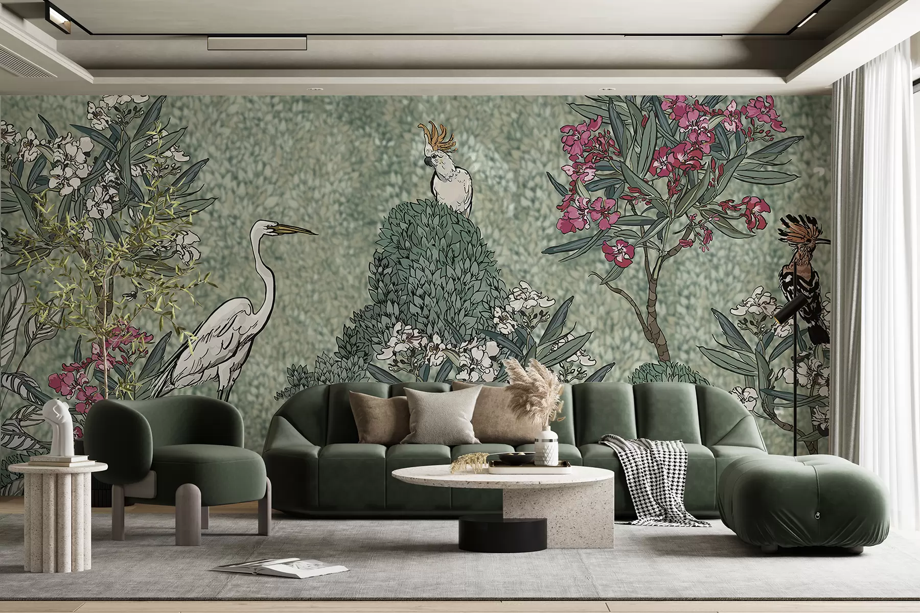 murales de pared Una escena tropical exuberante con una garza blanca, un pájaro negro y flores rosadas sobre un fondo de follaje verde w01242