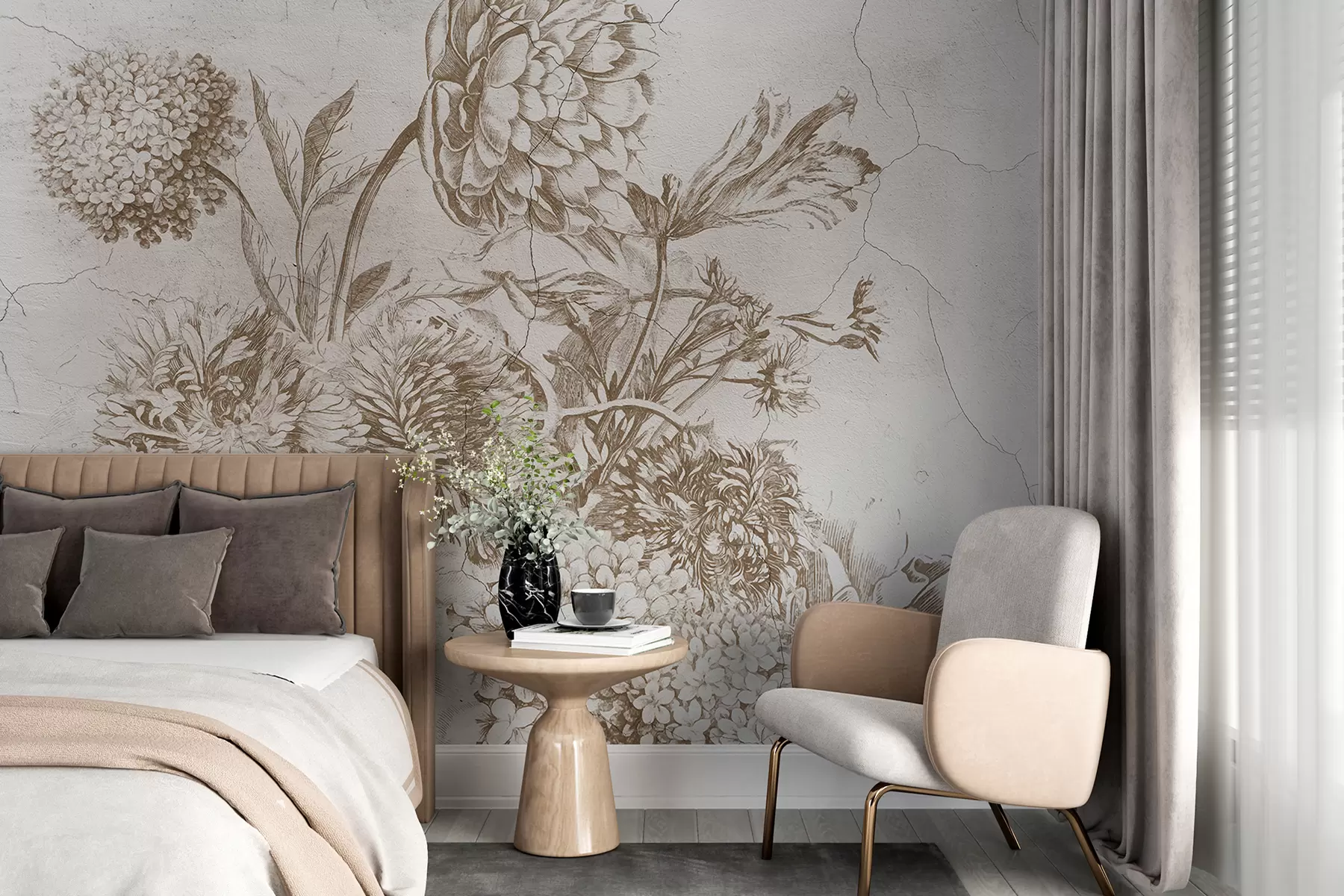 murales de pared Ilustración floral azul que representa una gran peonía rodeada de otras flores y follaje w01244v1