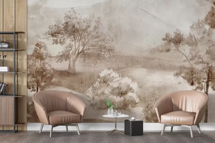 murales de pared Pintura de paisaje de una escena rural brumosa rodeada de frondosos árboles y follaje en tonos marrones w01247