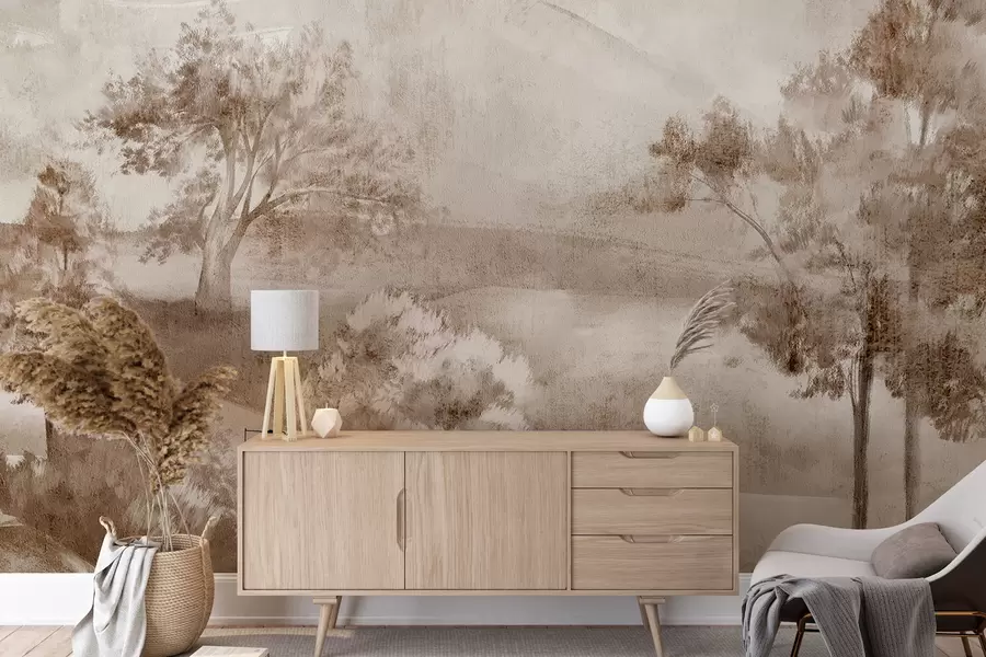 murales de pared Pintura de paisaje de una escena rural brumosa rodeada de frondosos árboles y follaje en tonos marrones w01247