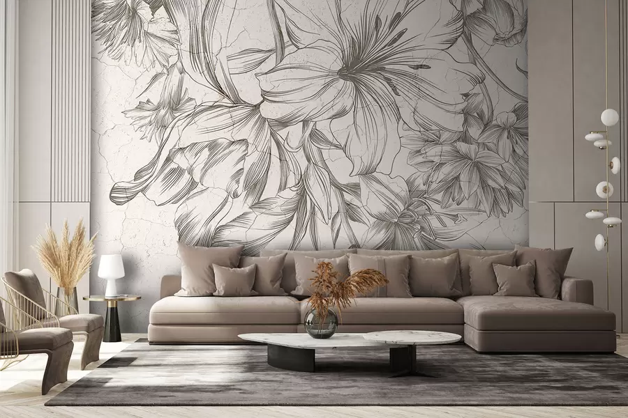 murales de pared Un boceto en blanco y negro de una impresión gráfica de flores grandes.  w01253