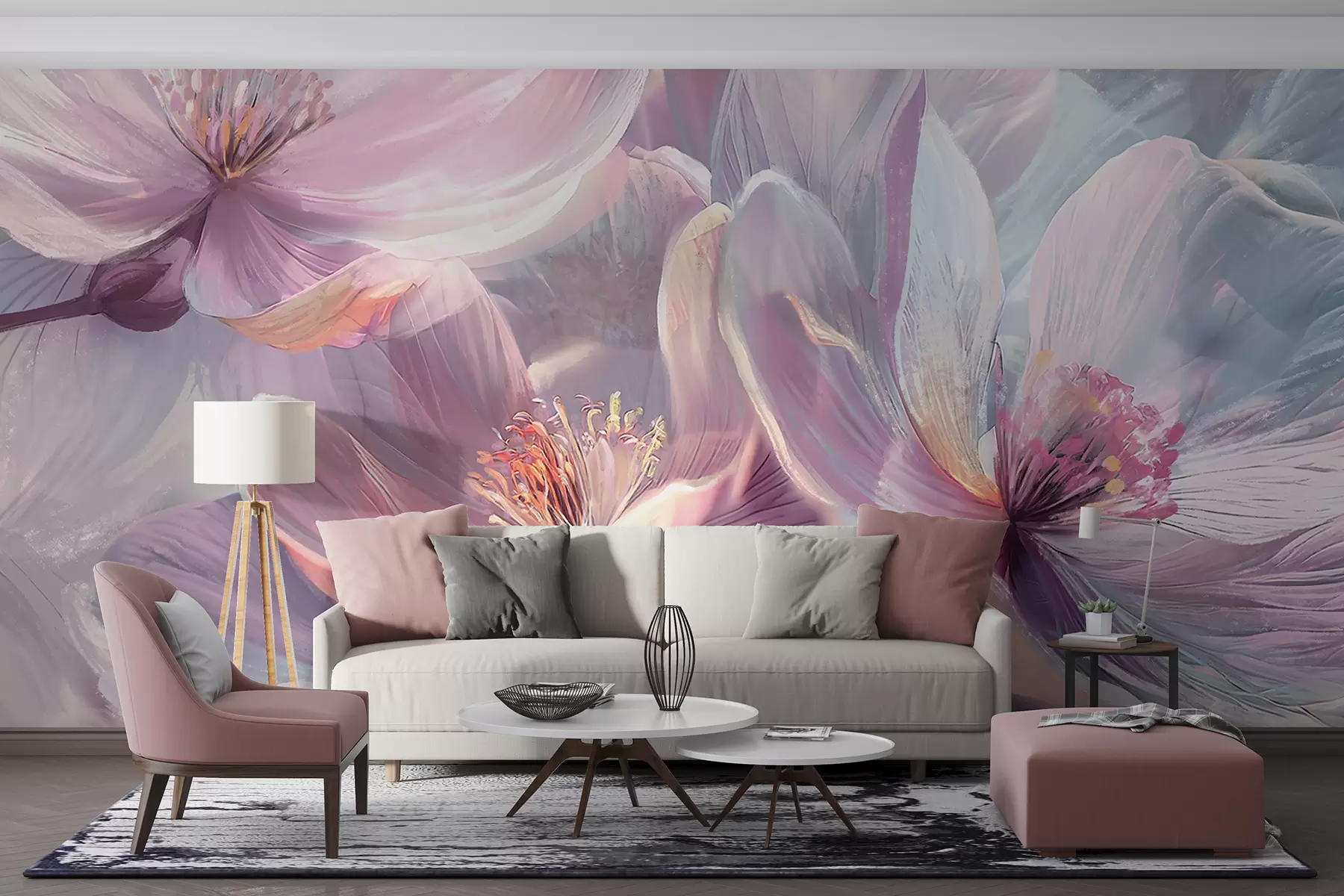murales de pared Delicadas flores transparentes de neón pastel, rosa claro y blanco, con fondo suave y borroso w01307