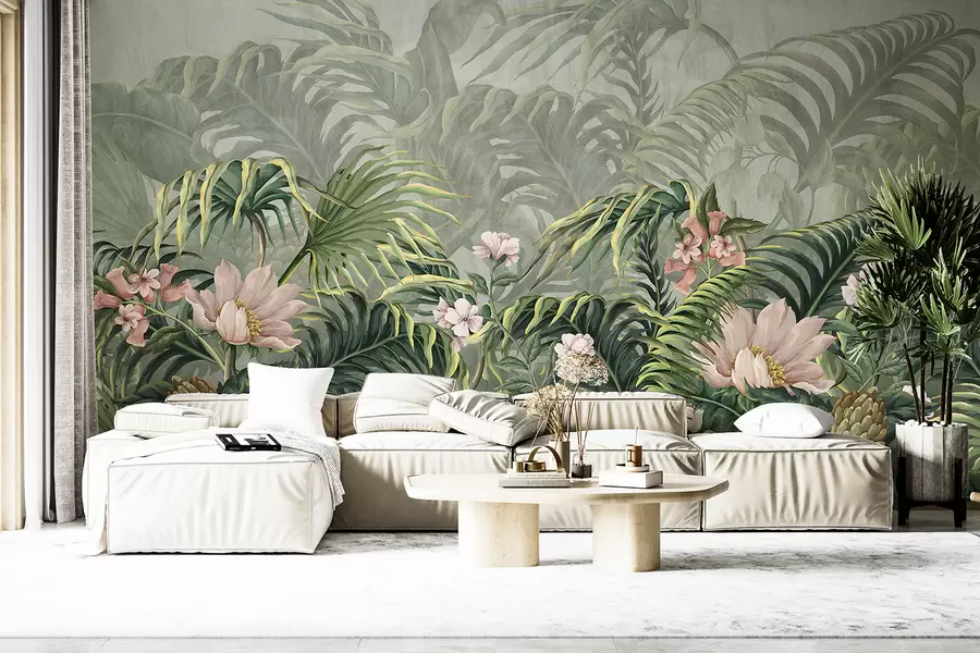 murales de pared Una exuberante selva tropical, hojas de palmeras verdes y helechos en primer plano con flores  w01309