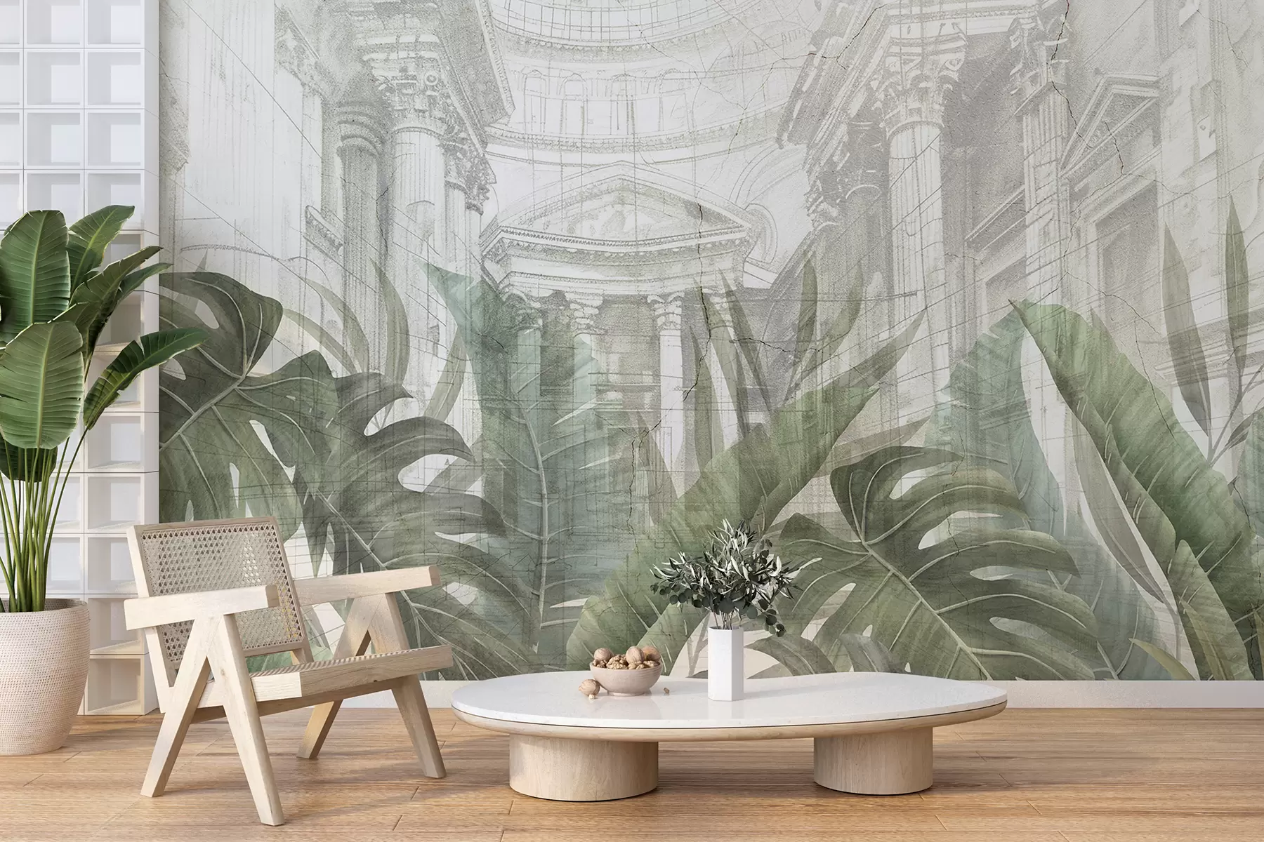 murales de pared Un gran dibujo arquitectónico adornado con columnas de mármol y exuberantes plantas verdes tropicales.  w01311