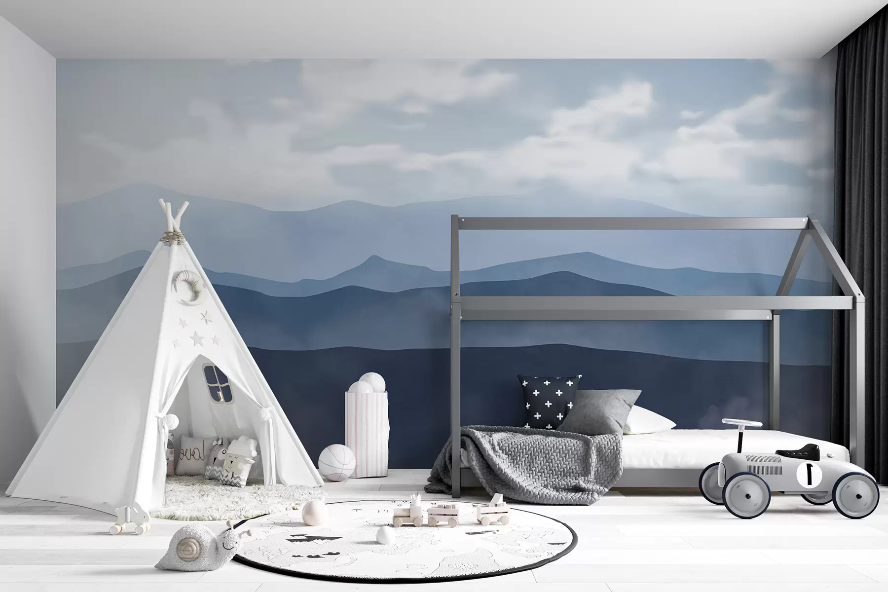 murales de pared Paisaje montañoso minimalista brumoso con colinas y cielo nublado w01317