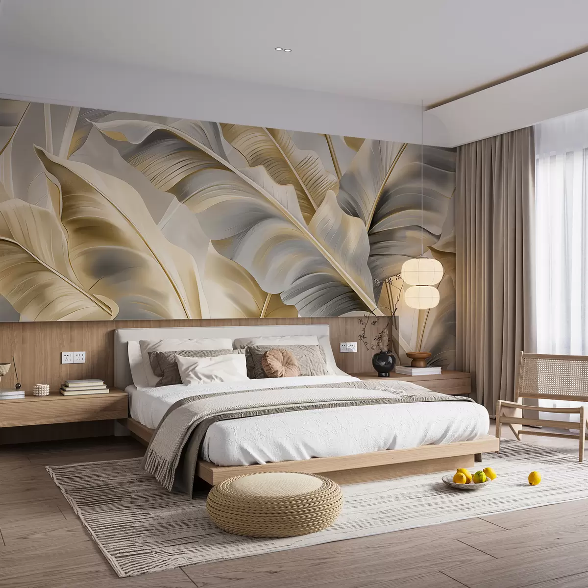 murales de pared lujosas hojas de plátano grandes en tonos gris-beige w07876