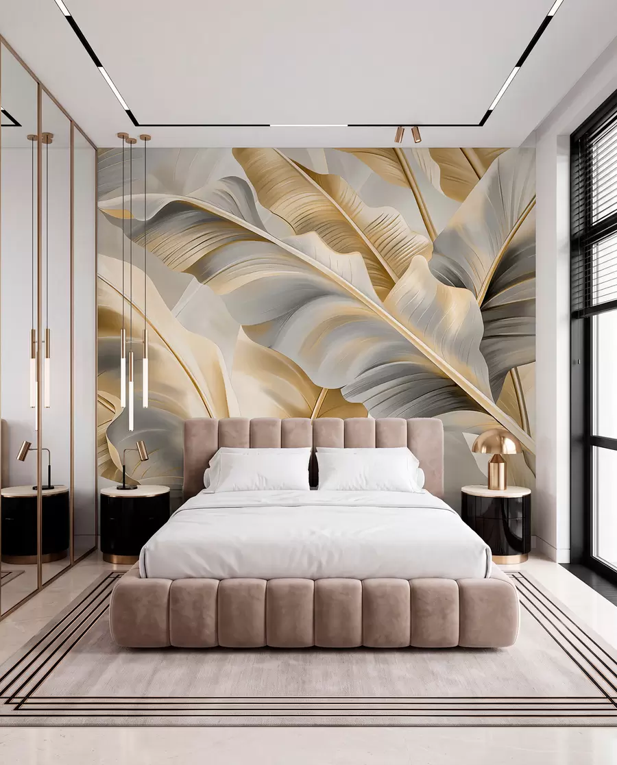 murales de pared lujosas hojas de plátano grandes en tonos gris-beige w07876