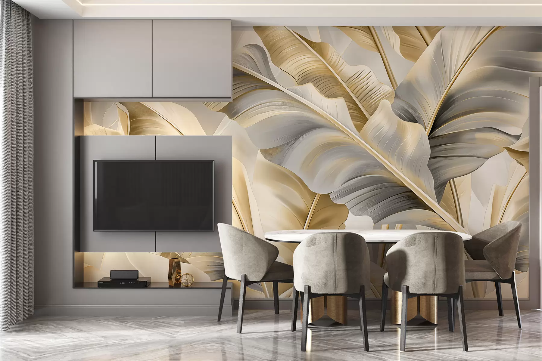 murales de pared lujosas hojas de plátano grandes en tonos gris-beige w07876