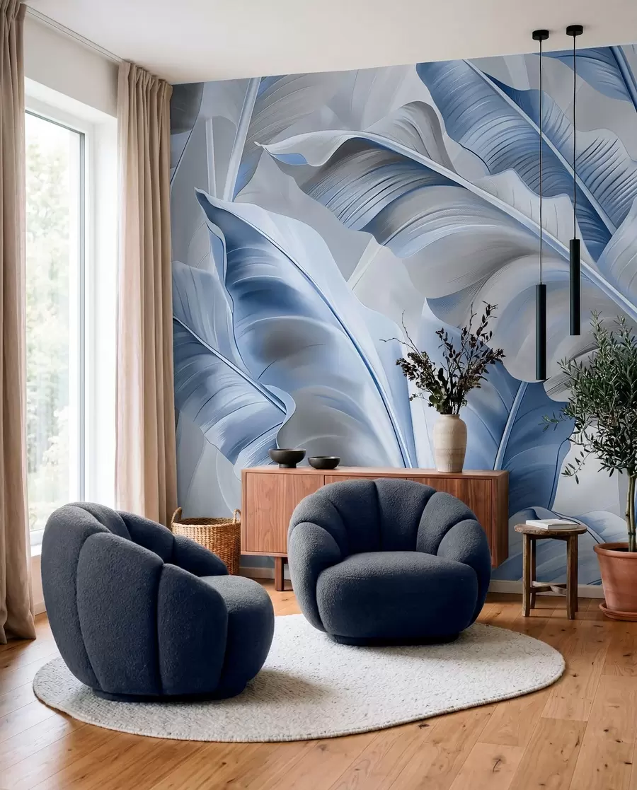murales de pared lujosas hojas de plátano grandes en colores gris azulado w07876v1