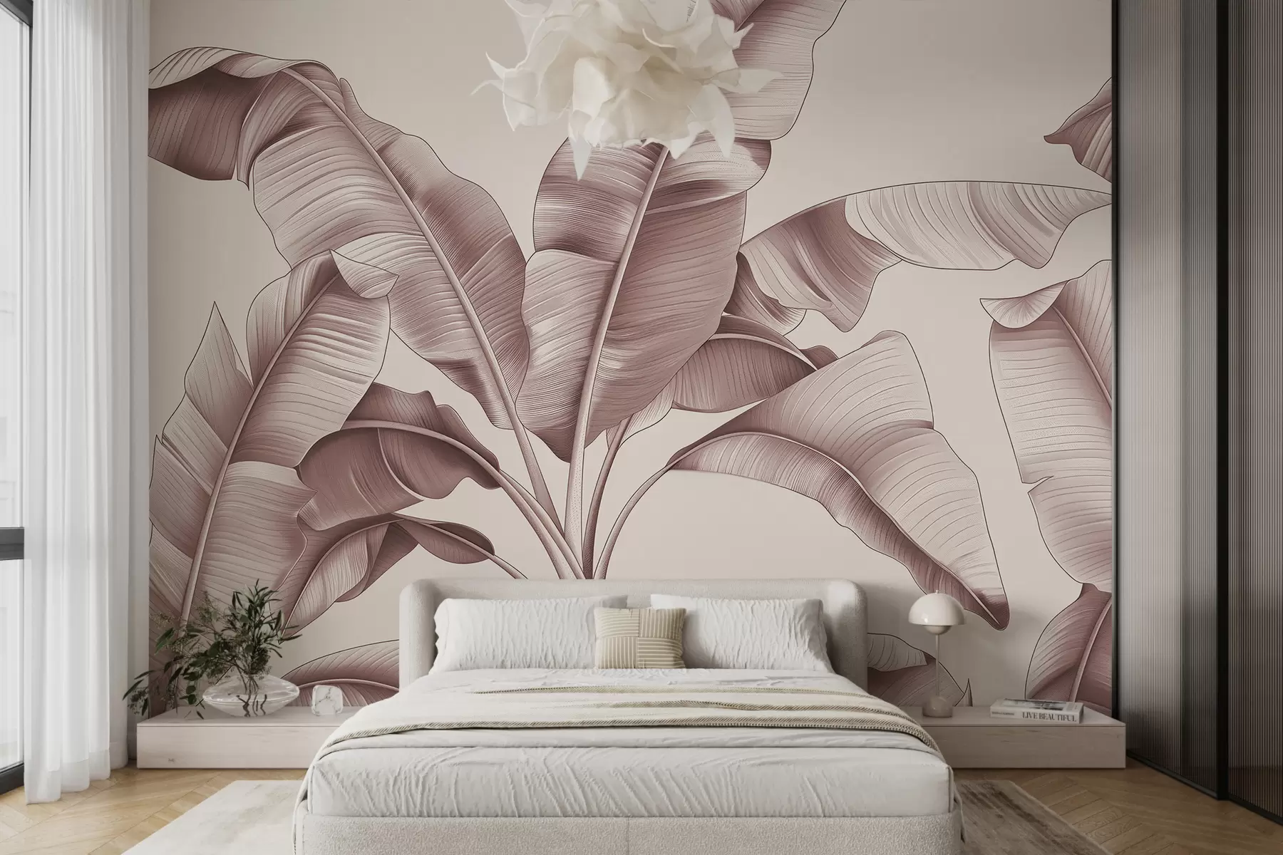 murales de pared grandes hojas de plátano dibujadas en rosa pastel w07877v1