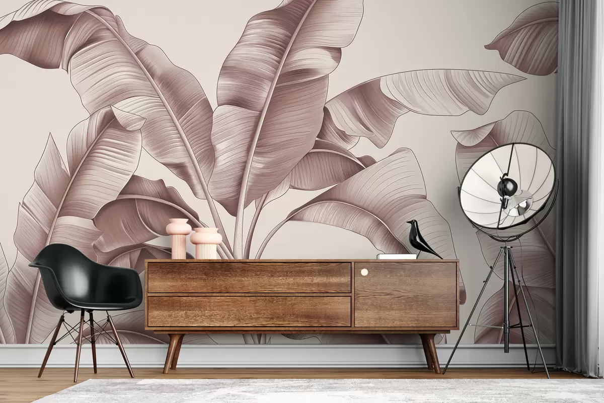 murales de pared grandes hojas de plátano dibujadas en rosa pastel w07877v1