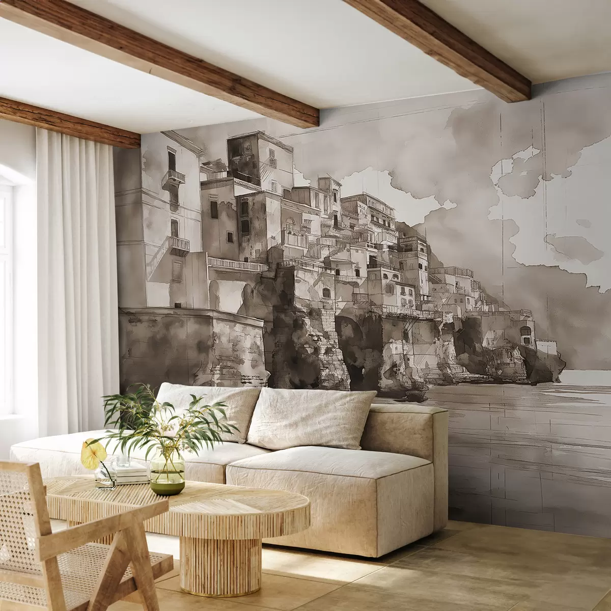 murales de pared Ciudad acuarela pintada sobre el agua en tonos marrones. w07879v1