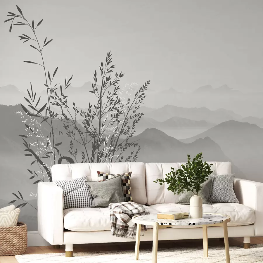 murales de pared Vista a la montaña con plantas y flores de color gris w07910v3