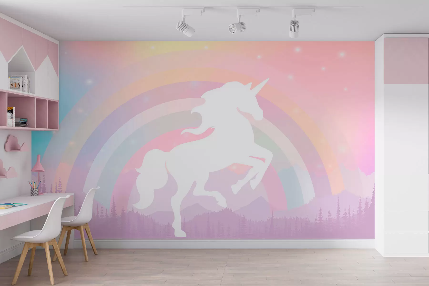 murales de pared Silueta de pony y fondo colorido estilo escandinavo para niñas w07912
