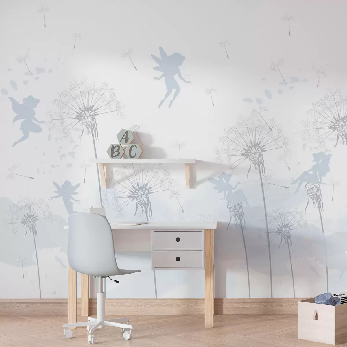 murales de pared Hadas mágicas con dientes de león y flores silvestres al estilo escandinavo para niñas color azul w07913v1