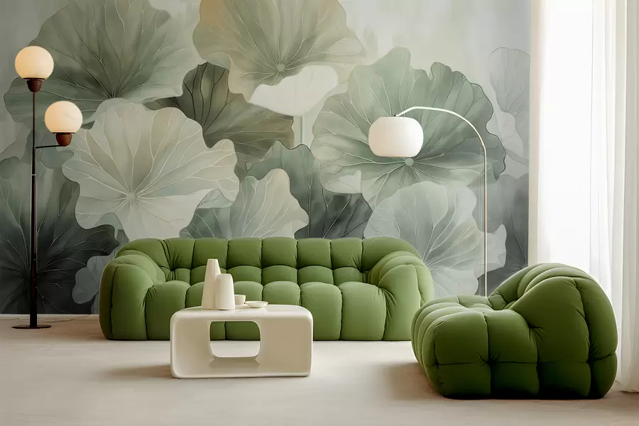 murales de pared Grandes hojas de loto están pintadas con acuarelas w07938v1