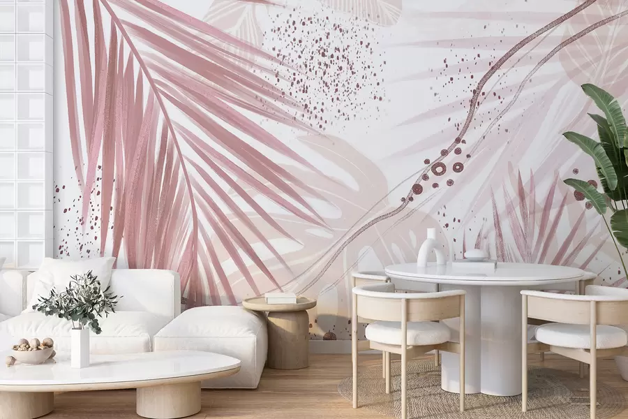 murales de pared Hojas y frondas de palmeras de color rosa tropical, con formas abstractas y salpicaduras en tonos de rosa y blanco w07918v1