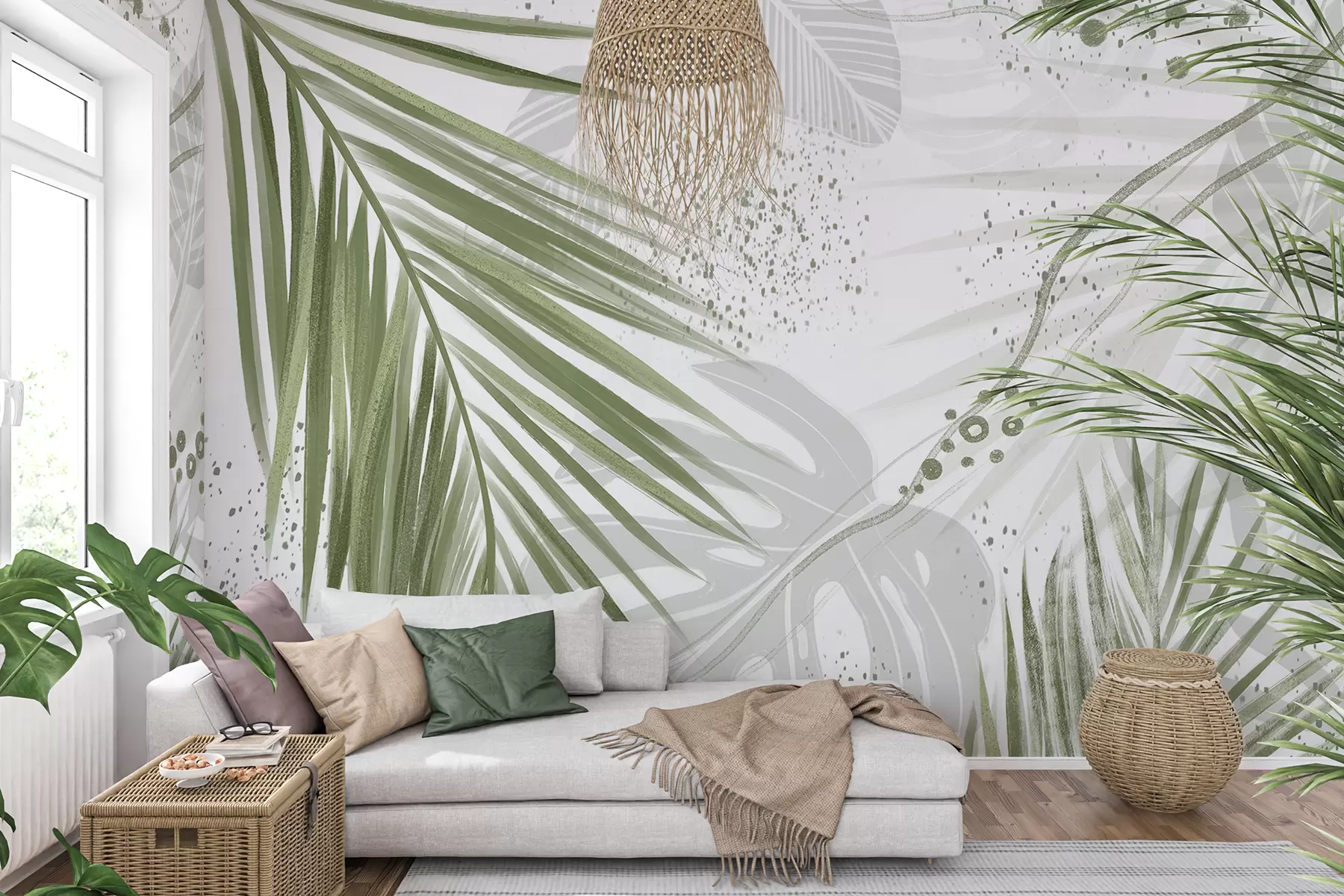 murales de pared Hojas y frondas de palmeras verdes tropicales, con formas abstractas y salpicaduras en tonos verdes y blancos w07918