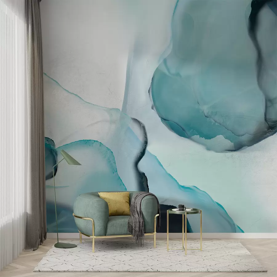 murales de pared Arte fluido abstracto en azul y blanco, que se asemeja a agua y tinta que fluyen w07927