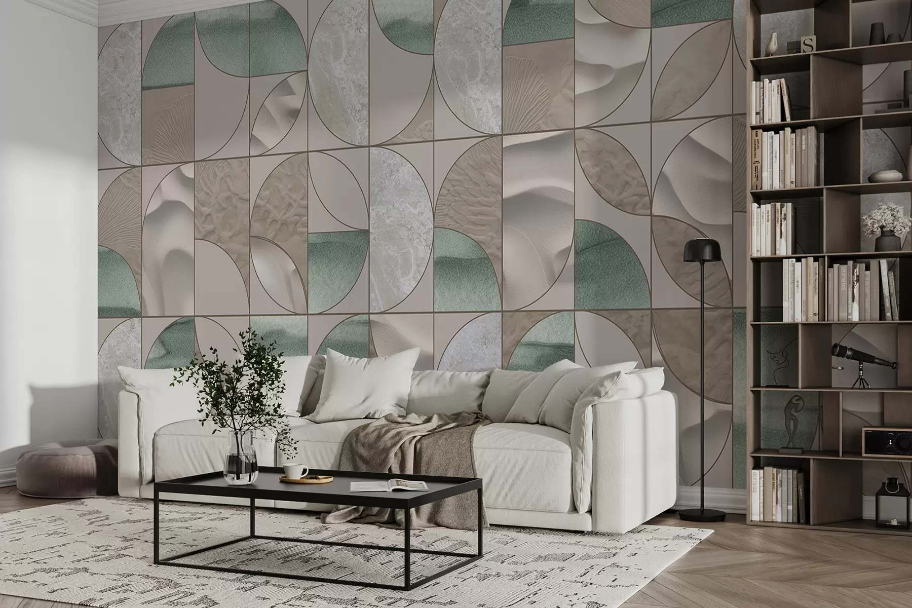murales de pared Un patrón geométrico de texturas verdes, beige y blancas dispuestas en un diseño abstracto repetitivo w07928