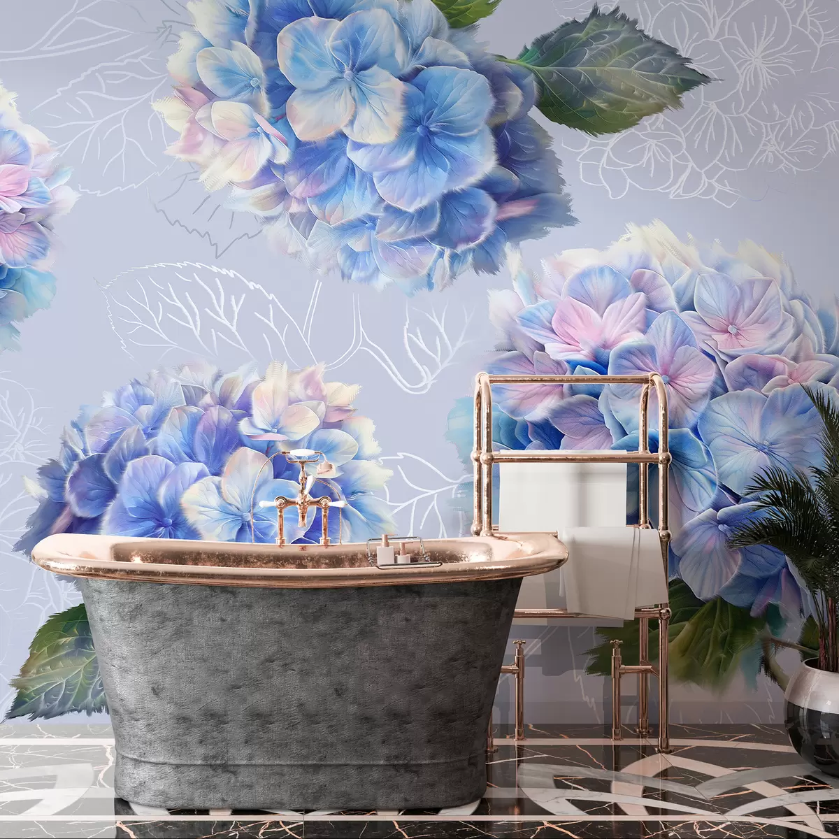 Murales de pared Hortensias, dibujo acrílico, arte lineal, botánico, colores violetas. w07942v5 murales de pared Hortensias, dibujo acrílico, arte lineal, botánico, colores violetas. w07942v5