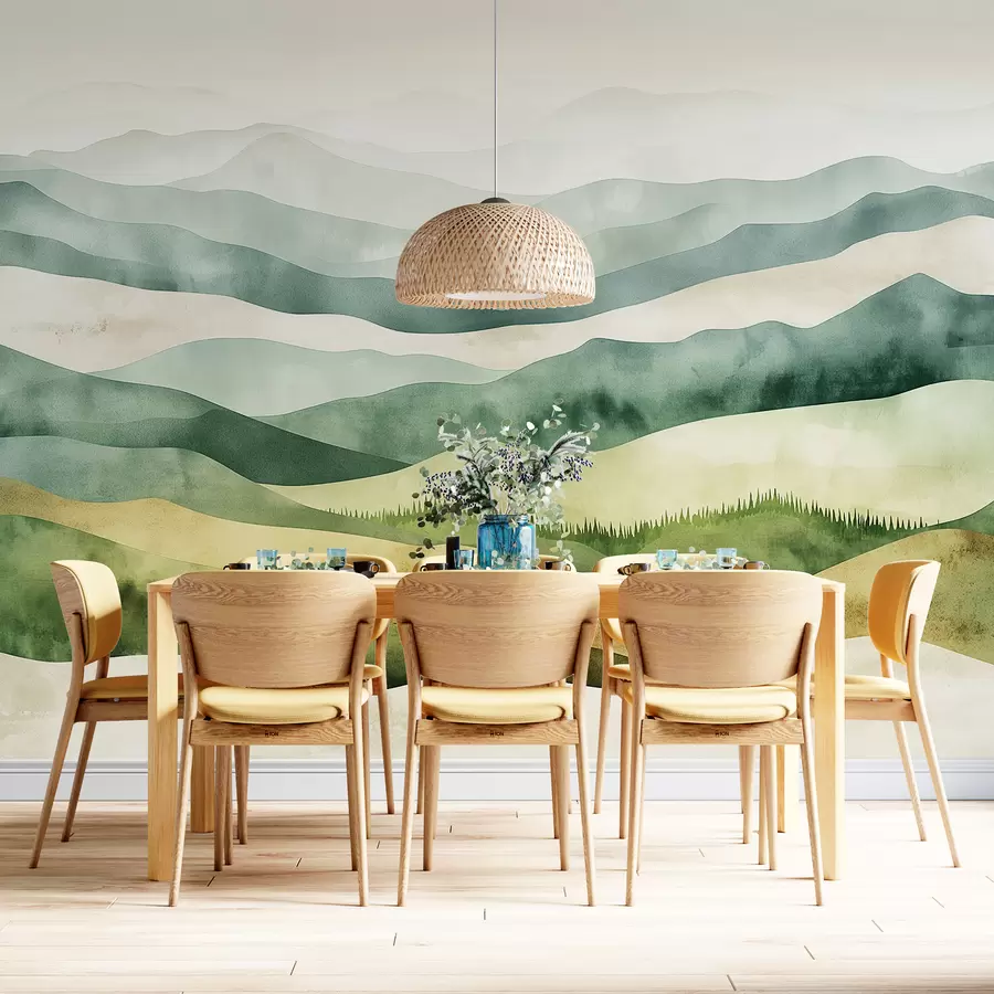 murales de pared Paisajes de montañas acuarelas, bosques, colores verdes y beige naturales w07950