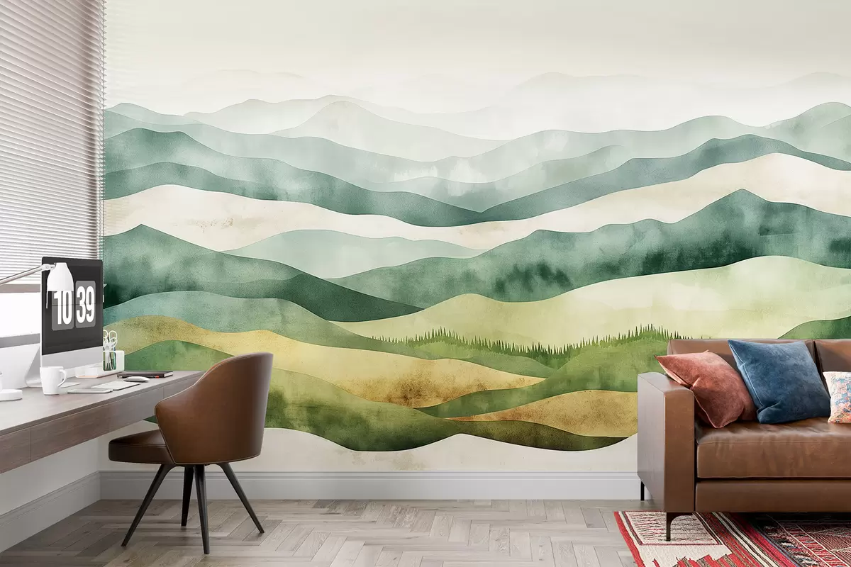 murales de pared Paisajes de montañas acuarelas, bosques, colores verdes y beige naturales. w07950
