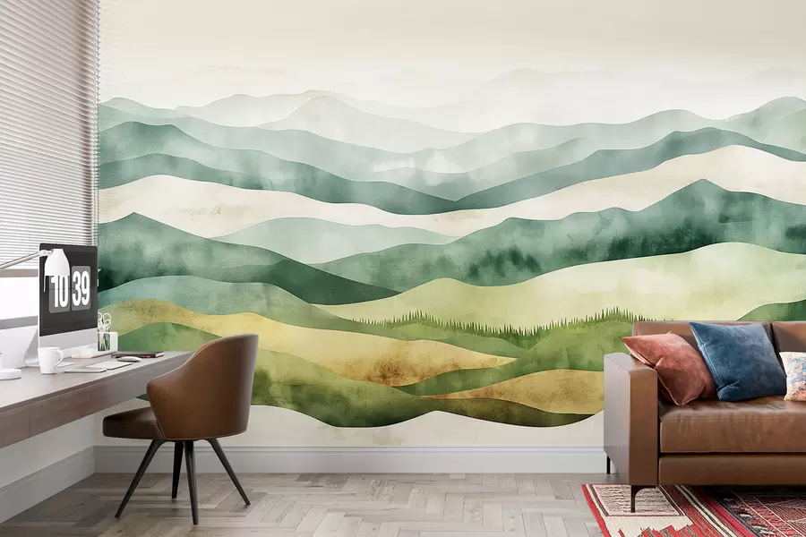 murales de pared Paisajes de montañas acuarelas, bosques, colores verdes y beige naturales. w07950