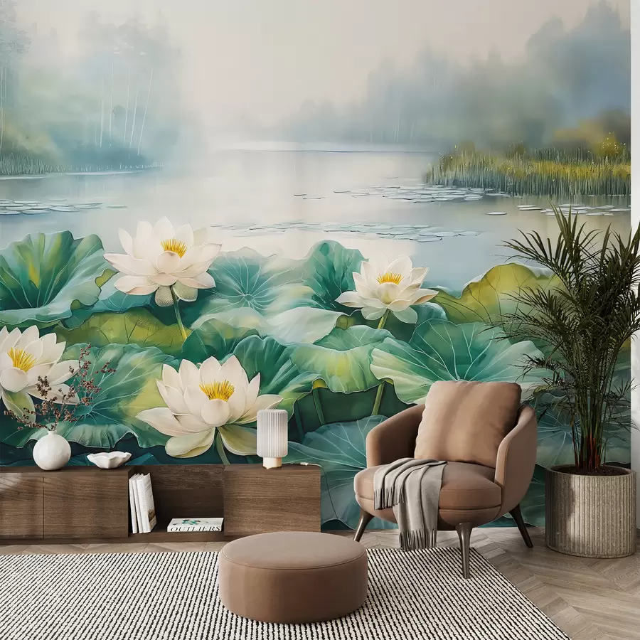 murales de pared Nenúfares, lago del bosque, dibujo acrílico, naturaleza, colores verde y blanco. w07957