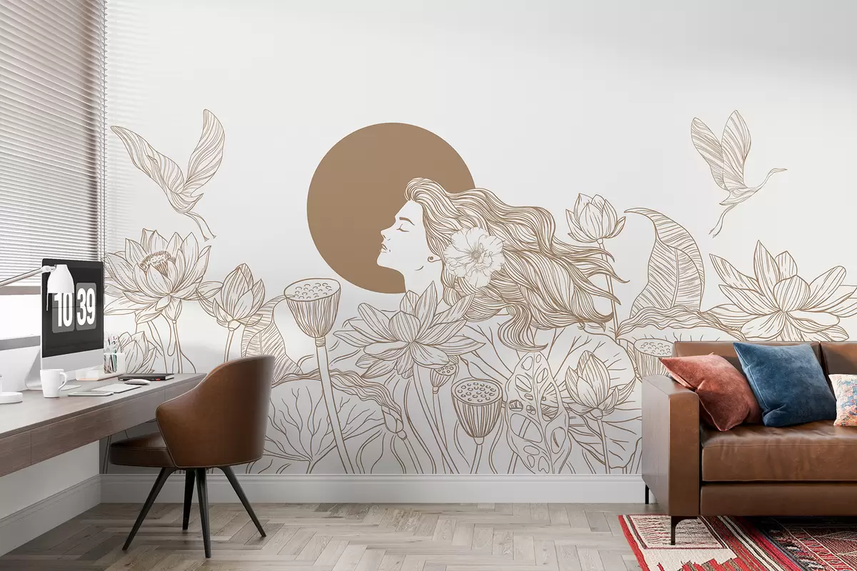 murales de pared Mujer en la naturaleza, dibujo lineal, flores de loto, hojas grandes, pájaros voladores, color beige w07988v1